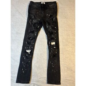 FERRARIMASSIRI Mens Black Distressed Paint Splatter Slim Fit Jeans Size 32